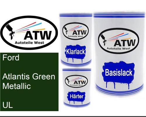 Ford, Atlantis Green Metallic, UL: 500ml Lackdose + 500ml Klarlack + 250ml Härter - Set, von ATW Autoteile West.